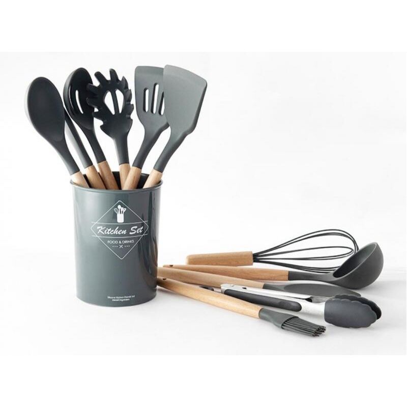 Кухонний набір Kitchen set Силіконовий з бамбуковою ручкою 12 предметів Сірий