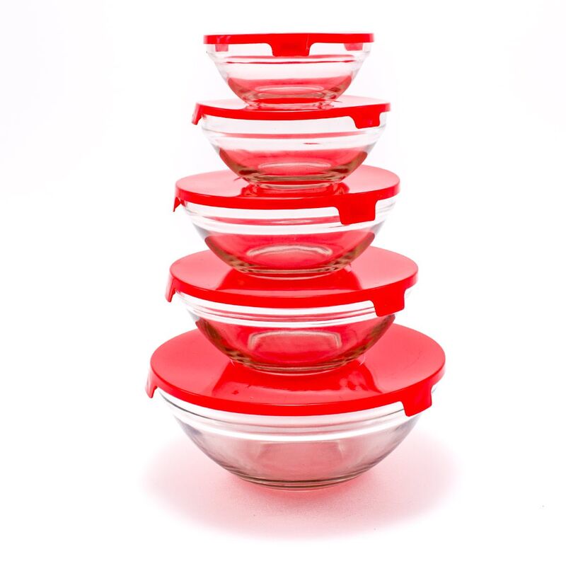 Набір скляних ємностей із кришками Cooking Bowl 5 шт. Червоний