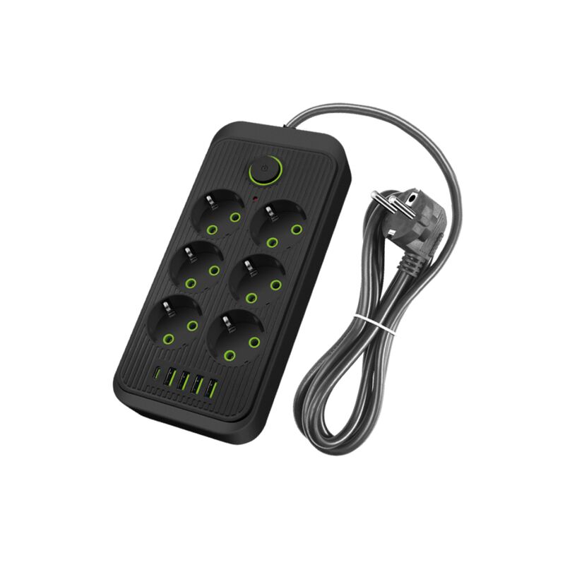 Подовжувач 6 розеток, 4×USB, 1×Type-C, Чорний